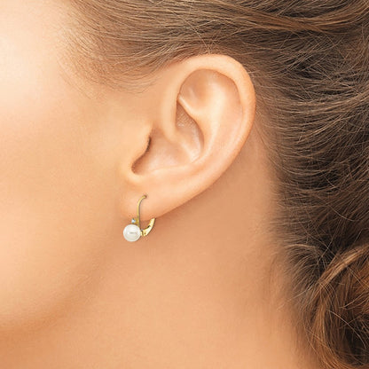 14k Yellow Gold 5-6mm White Round FW Cultured Pearl AA Real Diamond Leverback Earrings