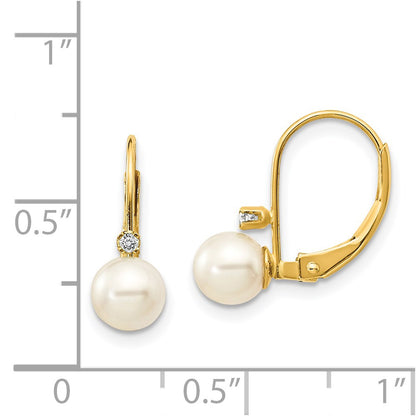 14k Yellow Gold 5-6mm White Round FW Cultured Pearl AA Real Diamond Leverback Earrings