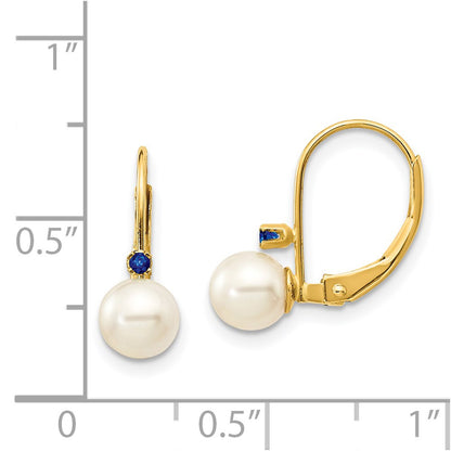 14k Yellow Gold 5-5.5mm White Round FW Cultured Pearl Sapphire Leverback Earrings