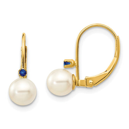 14k Yellow Gold 5-5.5mm White Round FW Cultured Pearl Sapphire Leverback Earrings