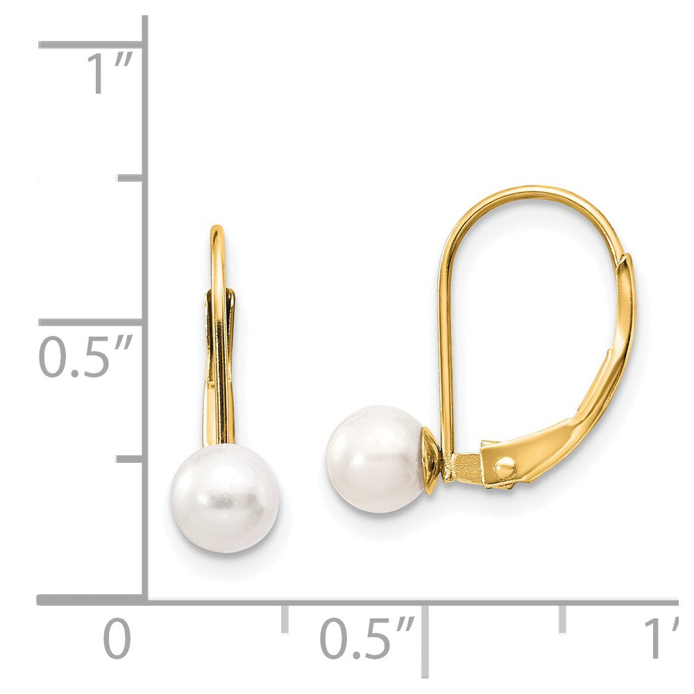 14k Yellow Gold 5-6mm White Round Freshwater Cultured Pearl Leverback Earrings