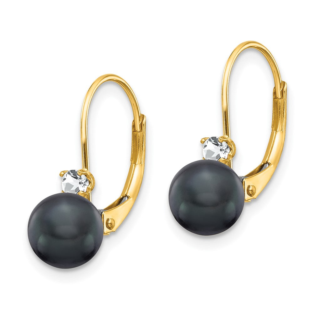 14k Yellow Gold 6-7mm Black FW Cultured Pearl AA Real Diamond Leverback Earrings