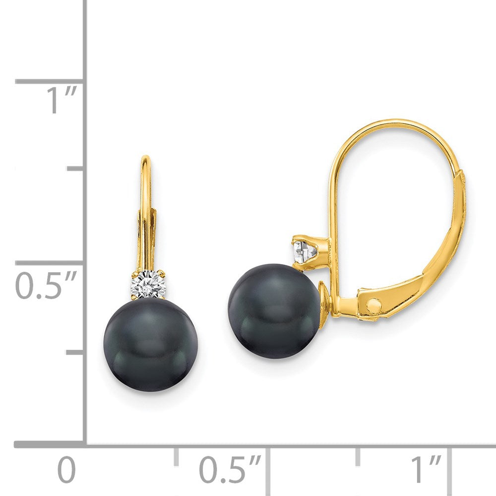 14k Yellow Gold 6-7mm Black FW Cultured Pearl AA Real Diamond Leverback Earrings
