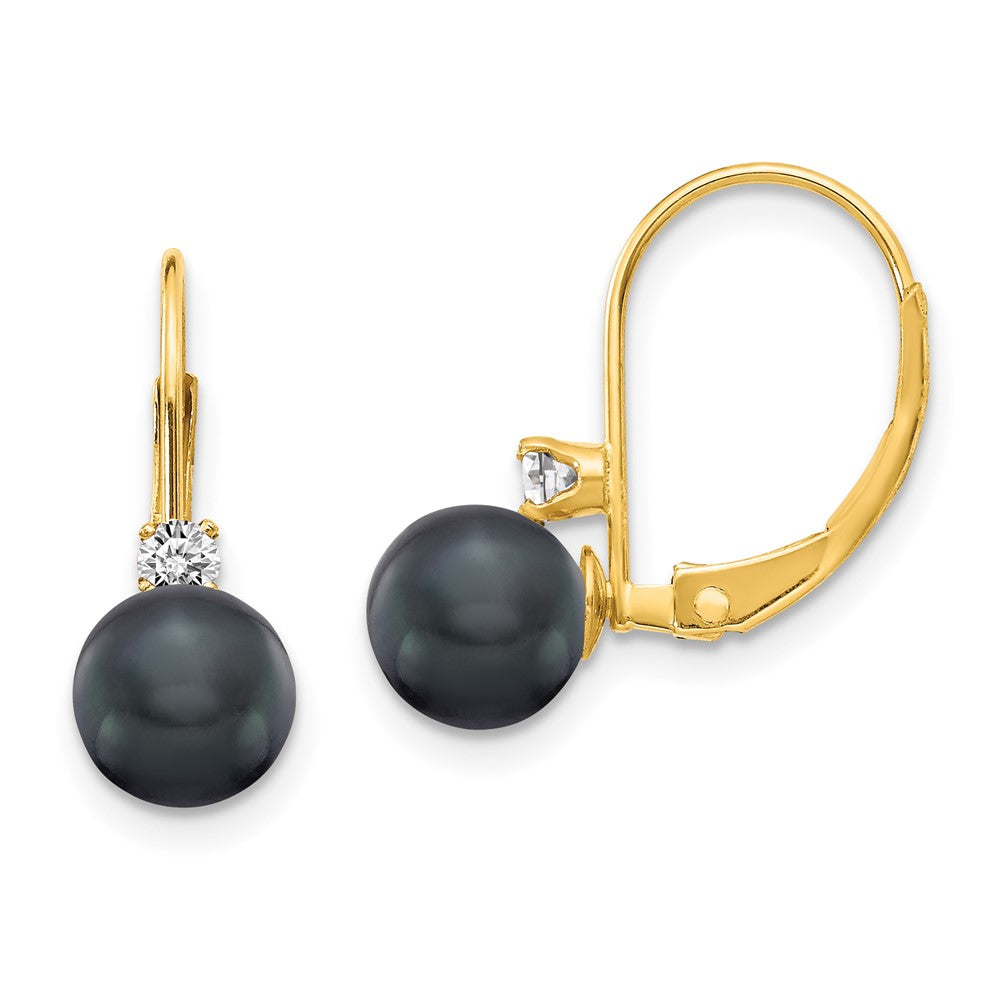 14k Yellow Gold 6-7mm Black FW Cultured Pearl AA Real Diamond Leverback Earrings