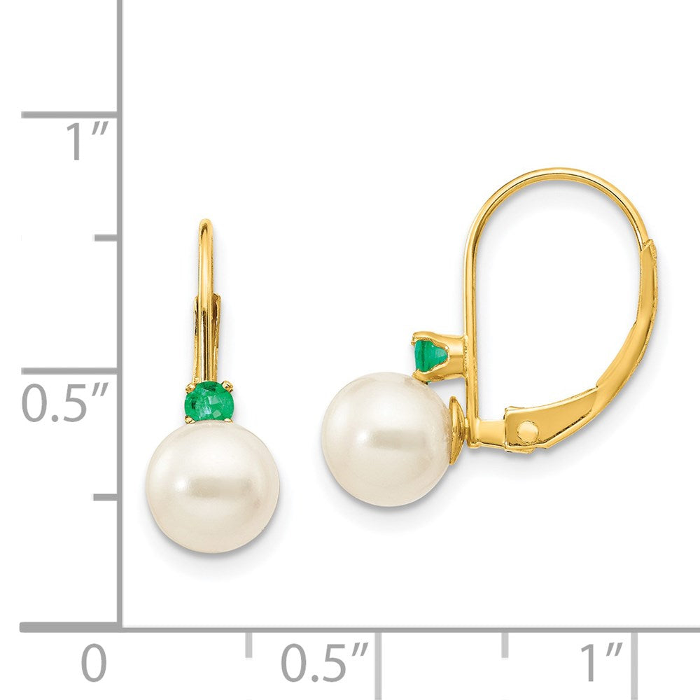 14k Yellow Gold 6-6.5mm White Round FW Cultured Pearl Emerald Leverback Earrings