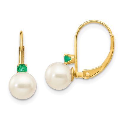 14k Yellow Gold 6-6.5mm White Round FW Cultured Pearl Emerald Leverback Earrings