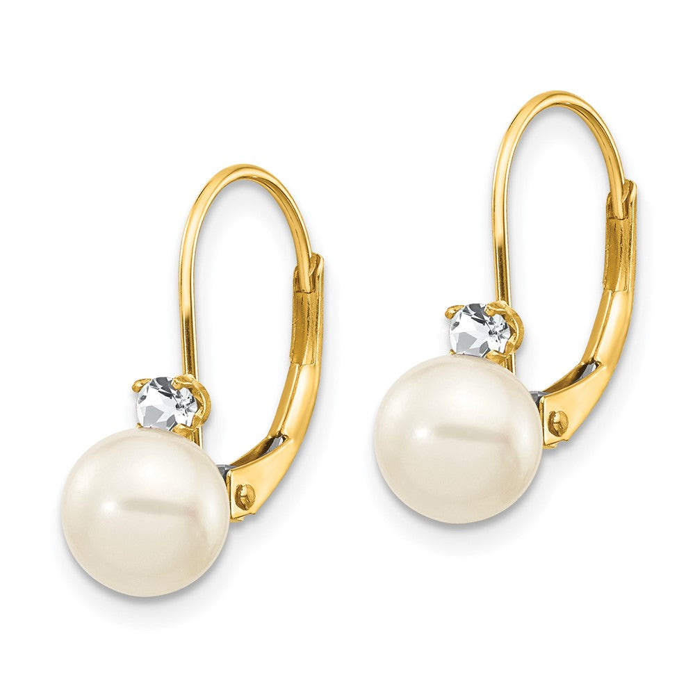 14k Yellow Gold 6-7mm White Round FW Cultured Pearl AA Real Diamond Leverback Earrings