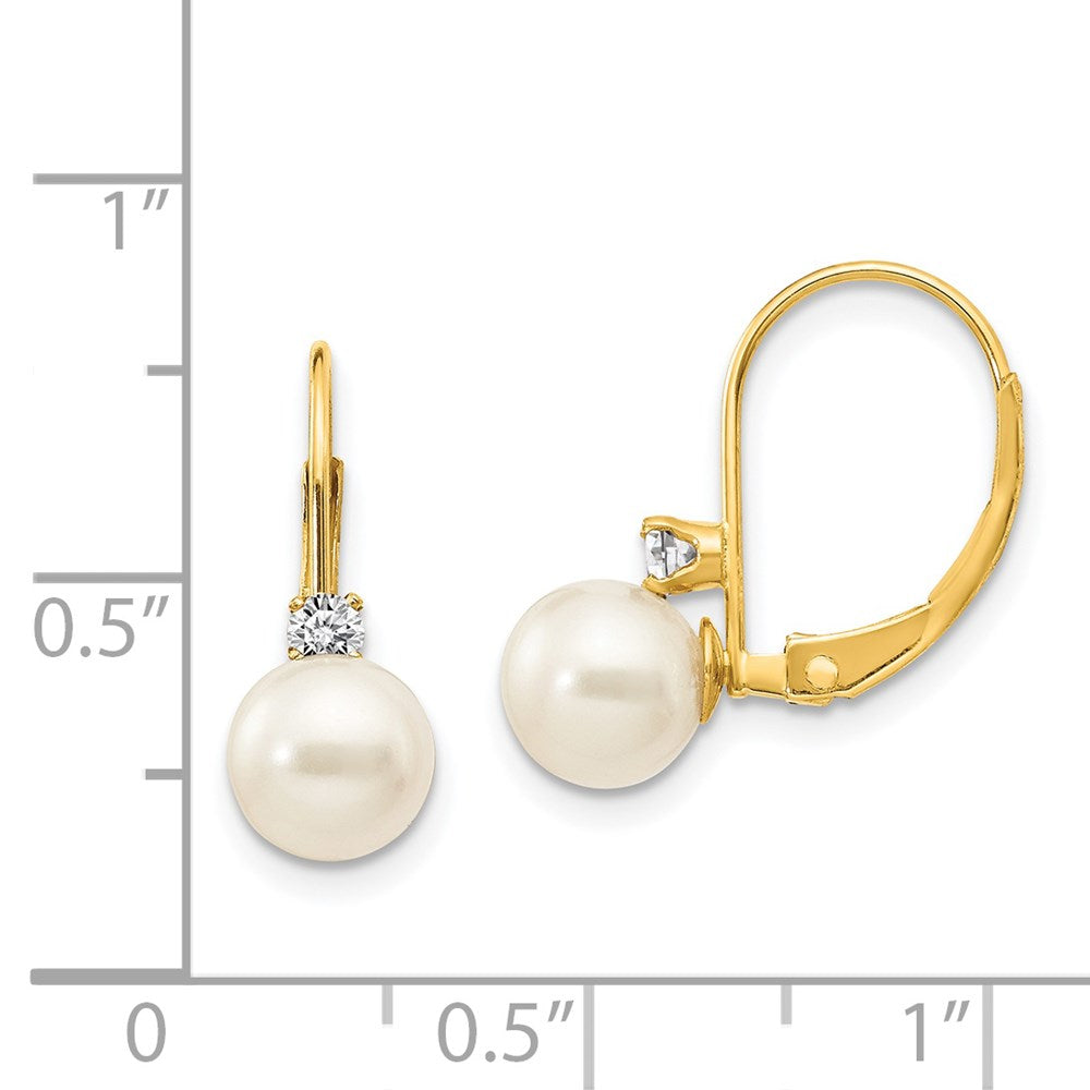 14k Yellow Gold 6-7mm White Round FW Cultured Pearl AA Real Diamond Leverback Earrings