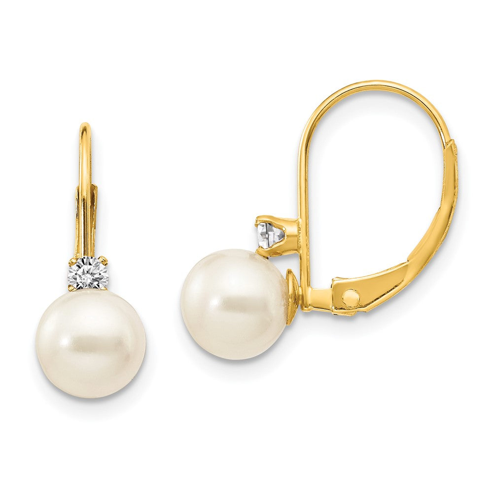 14k Yellow Gold 6-7mm White Round FW Cultured Pearl AA Real Diamond Leverback Earrings