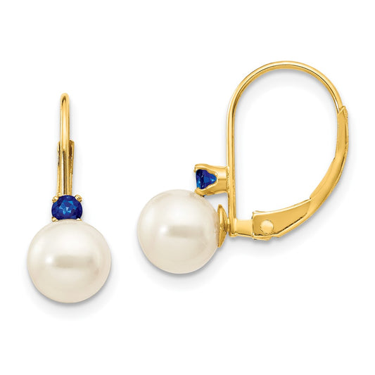 14k Yellow Gold 6-6.5mm White Round FW Cultured Pearl Sapphire Leverback Earrings
