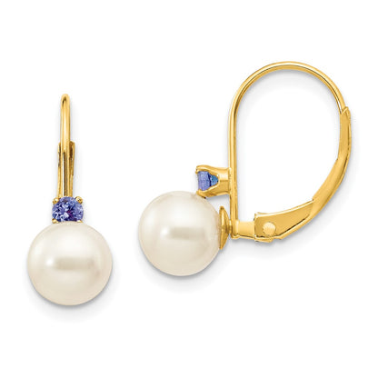 14k Yellow Gold 6-6.5mm White Round FW Cultured Pearl Tanzanite Leverback Earrings