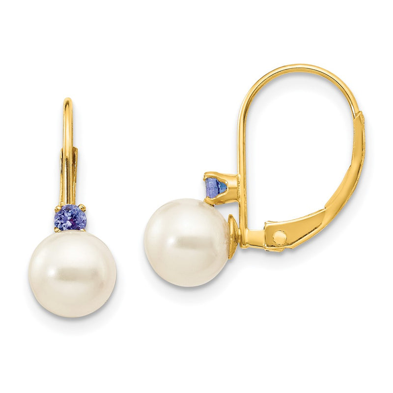 14k Yellow Gold 6-6.5mm White Round FW Cultured Pearl Tanzanite Leverback Earrings