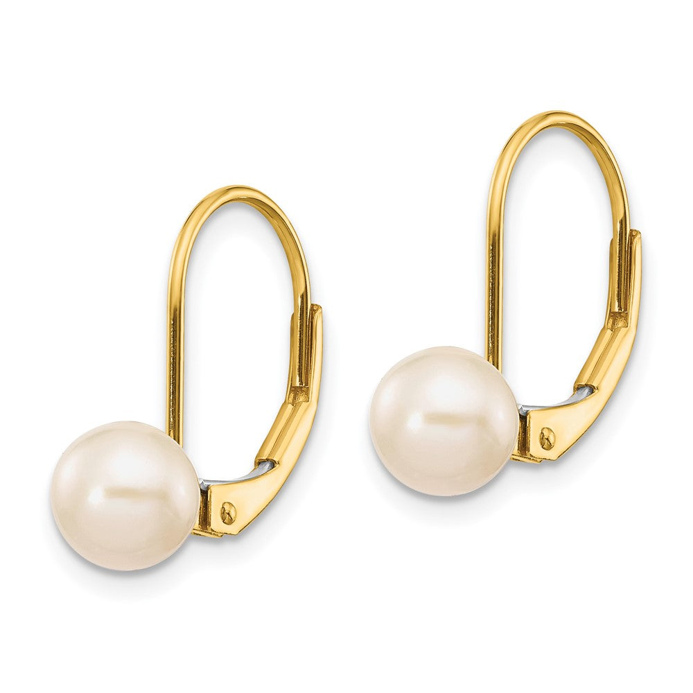 14k Yellow Gold 6-7mm White Round Freshwater Cultured Pearl Leverback Earrings