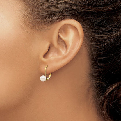 14k Yellow Gold 6-7mm White Round Freshwater Cultured Pearl Leverback Earrings
