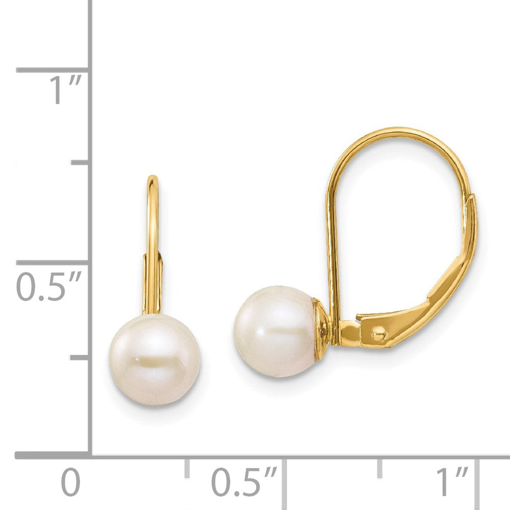 14k Yellow Gold 6-7mm White Round Freshwater Cultured Pearl Leverback Earrings