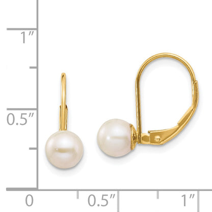 14k Yellow Gold 6-7mm White Round Freshwater Cultured Pearl Leverback Earrings
