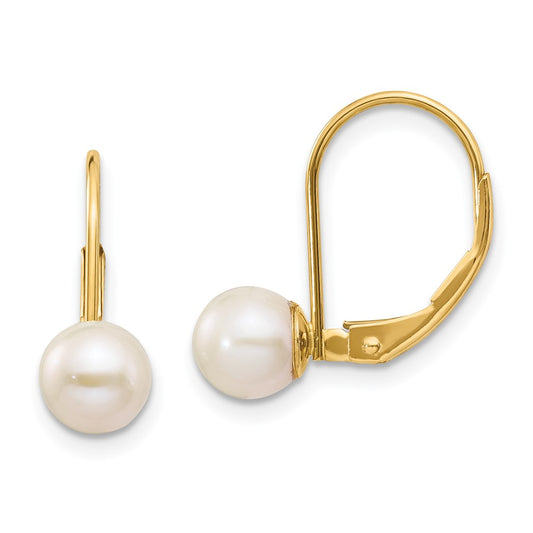 14k Yellow Gold 6-7mm White Round Freshwater Cultured Pearl Leverback Earrings