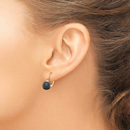 14k Yellow Gold 7mm Black FW Cultured Pearl VS Real Diamond Leverback Earring