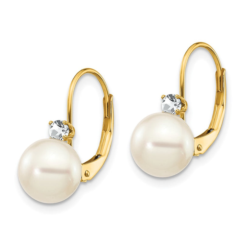 14k Yellow Gold 7-8mm Whtie Round FW Cultured Pearl AA Real Diamond Leverback Earrings