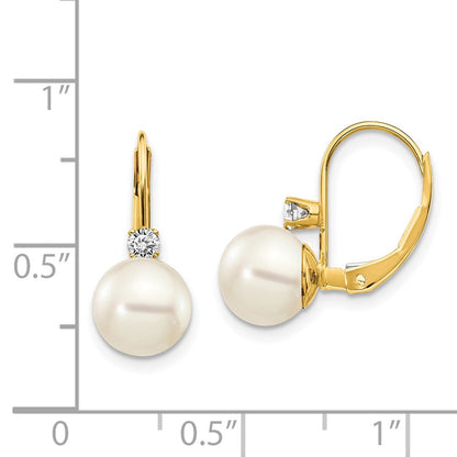 14k Yellow Gold 7-8mm Whtie Round FW Cultured Pearl AA Real Diamond Leverback Earrings