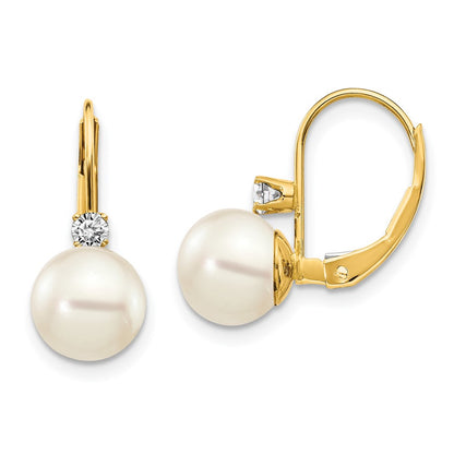 14k Yellow Gold 7-8mm Whtie Round FW Cultured Pearl AA Real Diamond Leverback Earrings