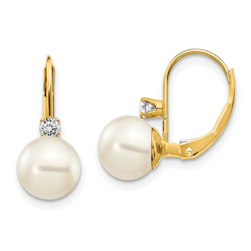 14k Yellow Gold 7-8mm Whtie Round FW Cultured Pearl AA Real Diamond Leverback Earrings