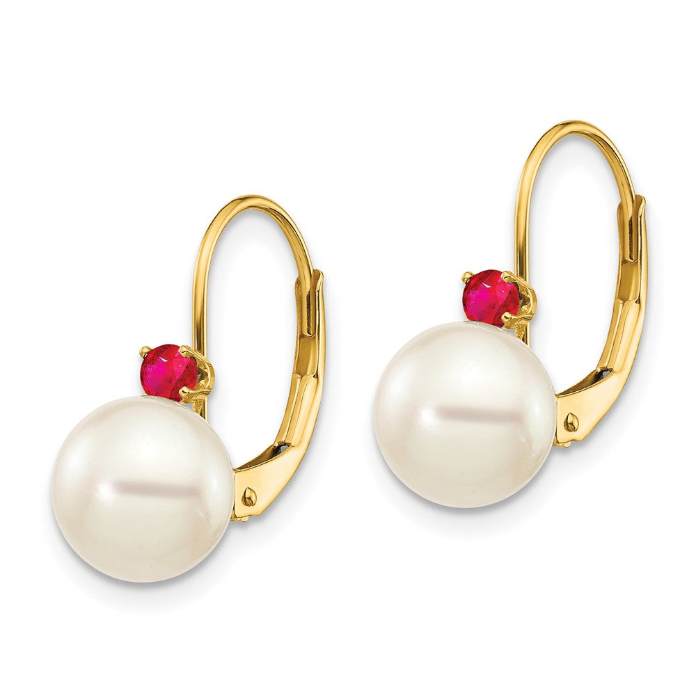 14k Yellow Gold 7-7.5mm White Round FW Cultured Pearl Ruby Leverback Earrings