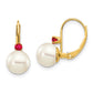 14k Yellow Gold 7-7.5mm White Round FW Cultured Pearl Ruby Leverback Earrings