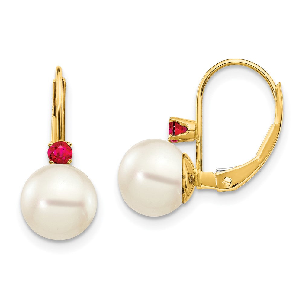 14k Yellow Gold 7-7.5mm White Round FW Cultured Pearl Ruby Leverback Earrings