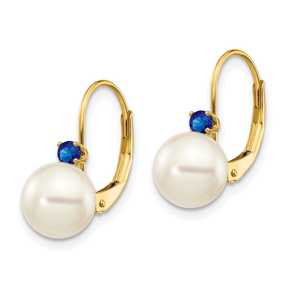 14k Yellow Gold 7-7.5mm White Round FW Cultured Pearl Sapphire Leverback Earrings