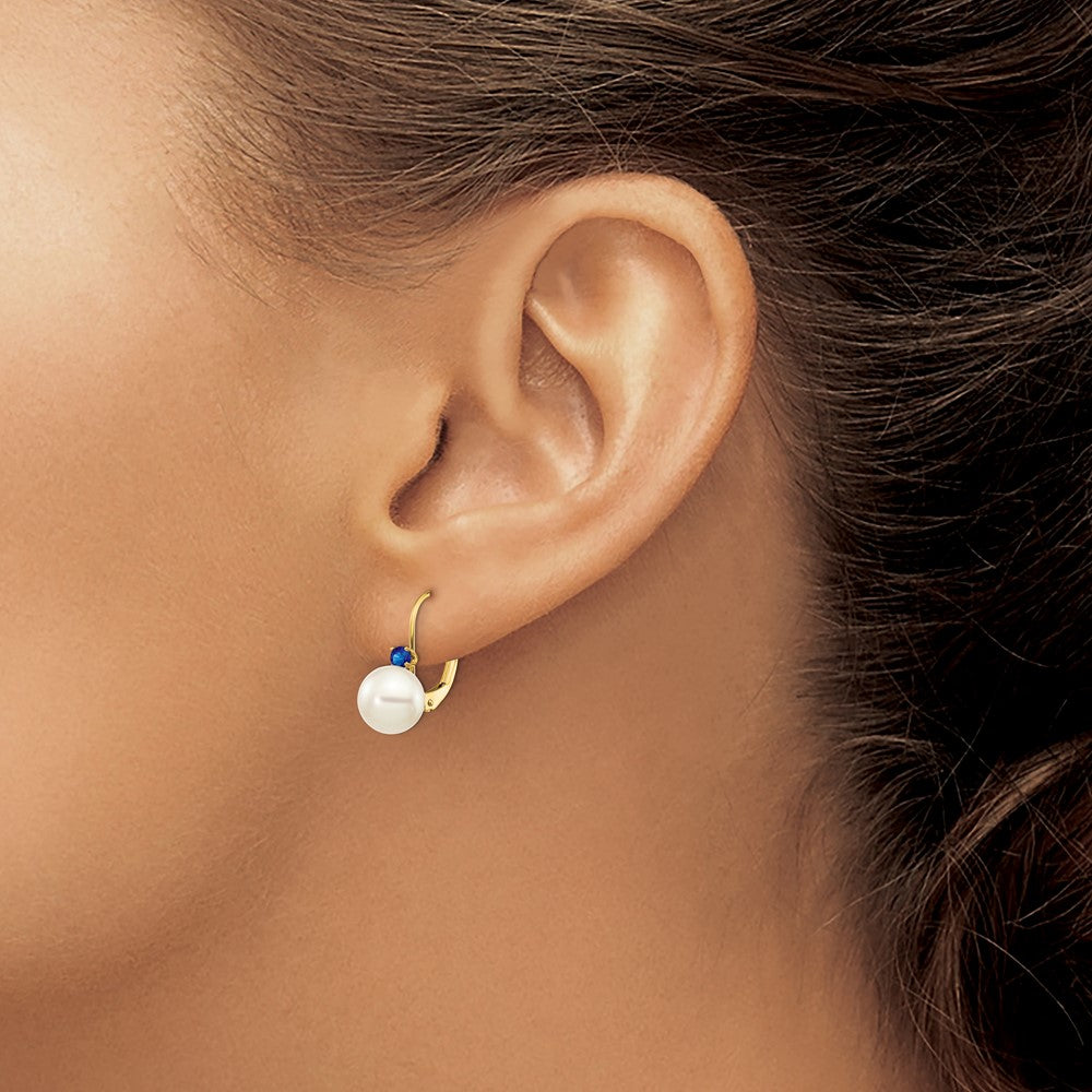 14k Yellow Gold 7-7.5mm White Round FW Cultured Pearl Sapphire Leverback Earrings