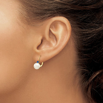 14k Yellow Gold 7-7.5mm White Round FW Cultured Pearl Sapphire Leverback Earrings