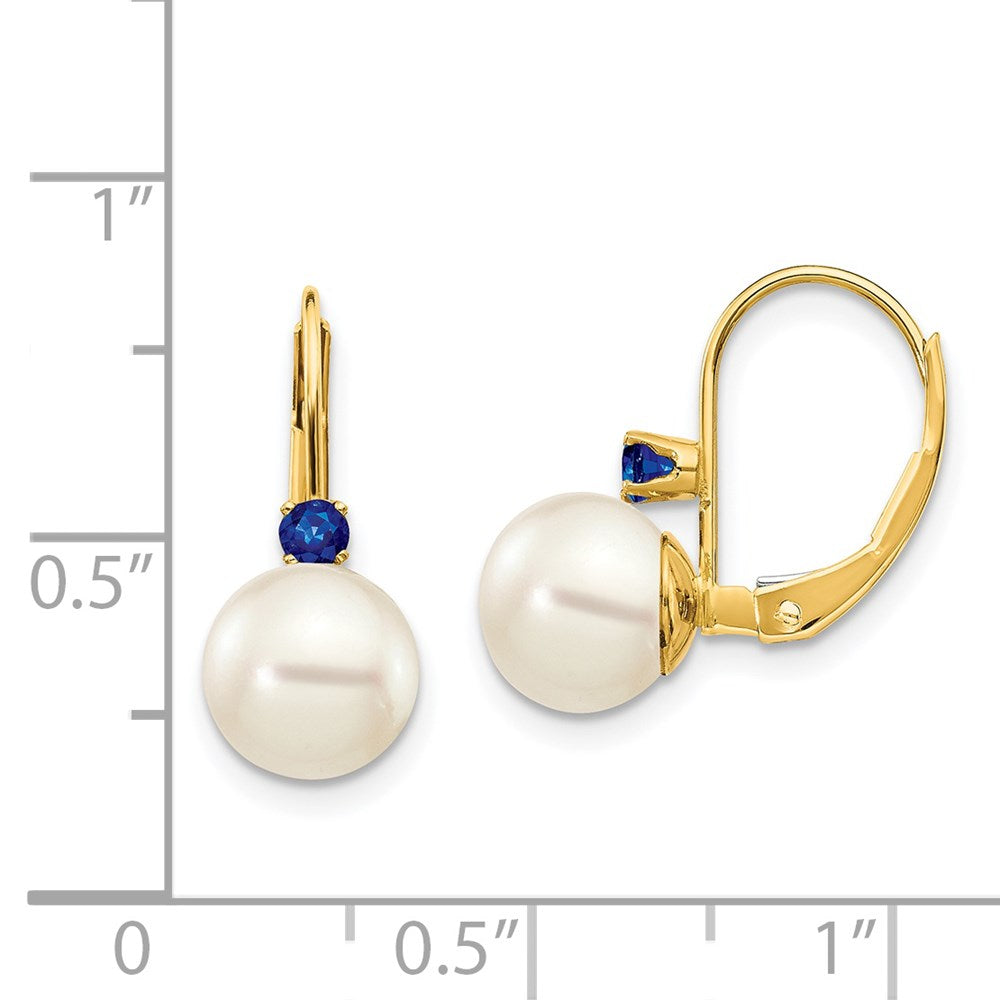 14k Yellow Gold 7-7.5mm White Round FW Cultured Pearl Sapphire Leverback Earrings