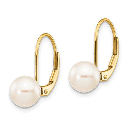 14k Yellow Gold 7-8mm White Round Freshwater Cultured Pearl Leverback Earrings