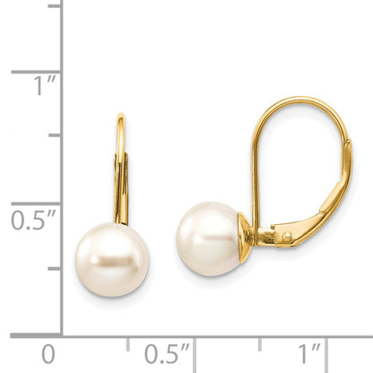 14k Yellow Gold 7-8mm White Round Freshwater Cultured Pearl Leverback Earrings