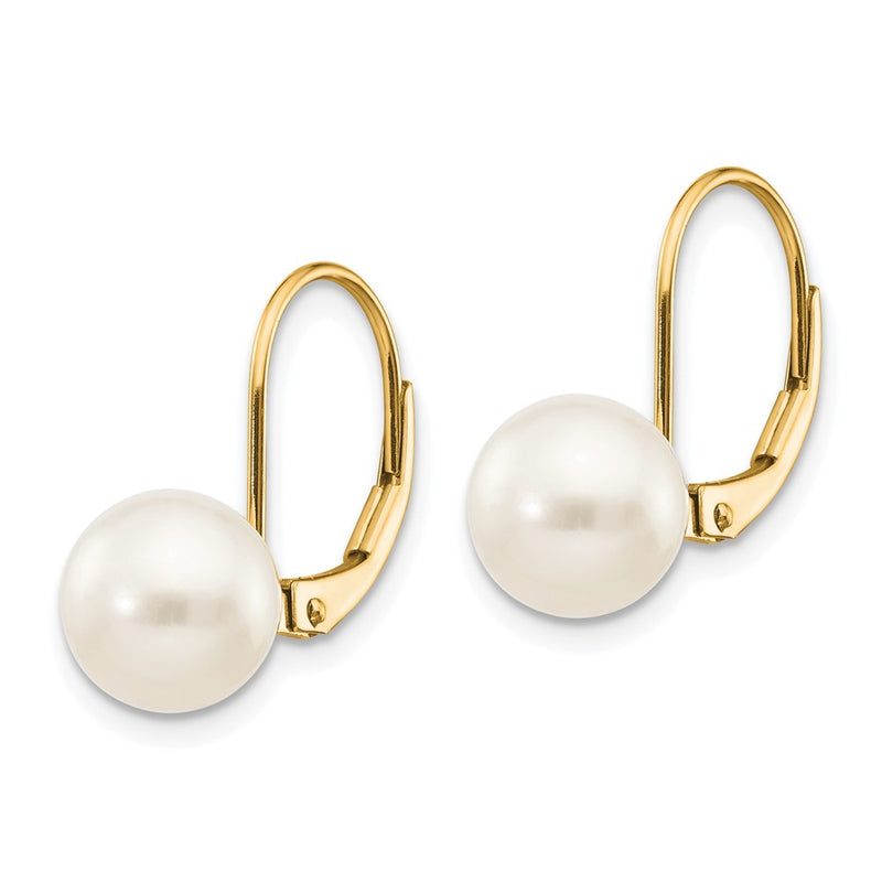 14k Yellow Gold 8-9mm White Round Freshwater Cultured Pearl Leverback Earrings