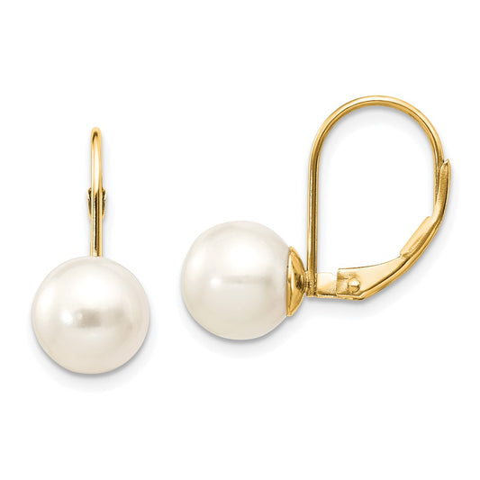 14k Yellow Gold 8-9mm White Round Freshwater Cultured Pearl Leverback Earrings