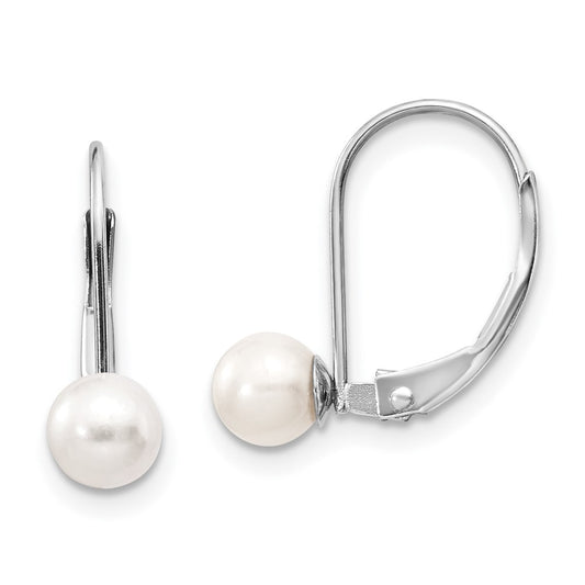 14k White Gold 5-6mm Round Freshwater Cultured Pearl Leverback Earrings