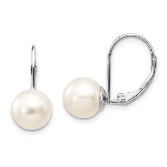 14k White Gold 8-9mm Round Freshwater Cultured Pearl Leverback Earrings