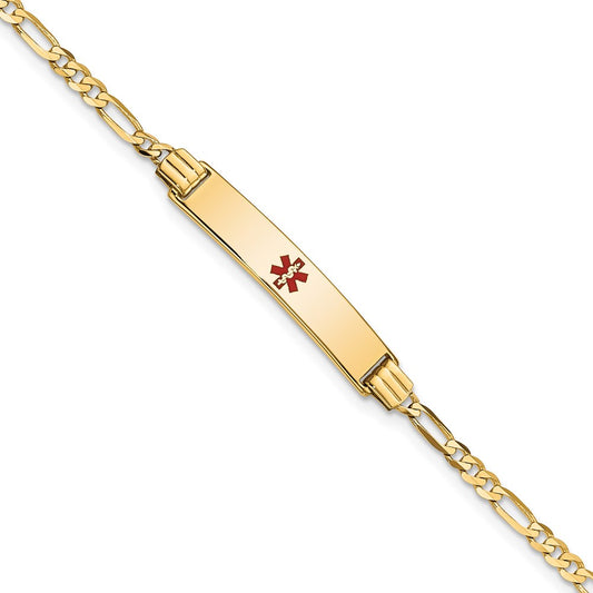 Solid 14K Yellow Gold Medical Red Enamel Figaro ID Bracelet