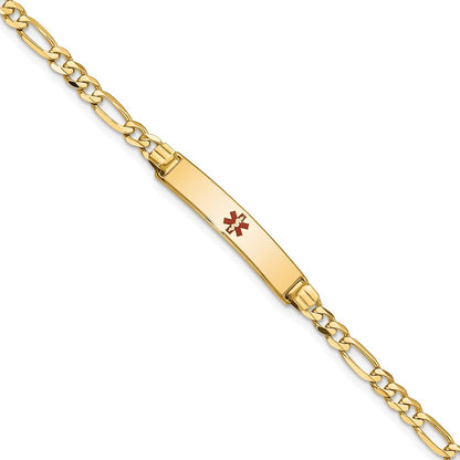 Solid 14K Yellow Gold Medical Red Enamel Figaro ID Bracelet