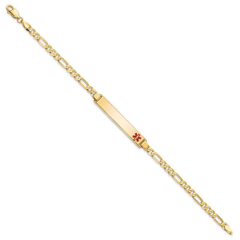 Solid 14K Yellow Gold Medical Red Enamel Flat Figaro Link ID Bracelet