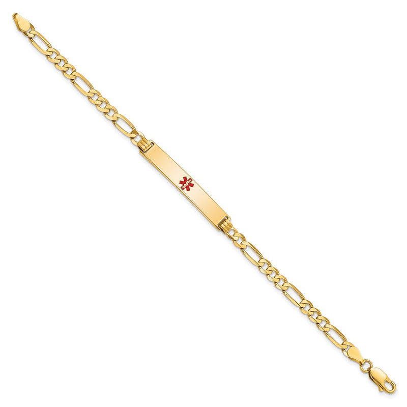 Solid 14K Yellow Gold Medical Red Enamel Flat Figaro Link ID Bracelet