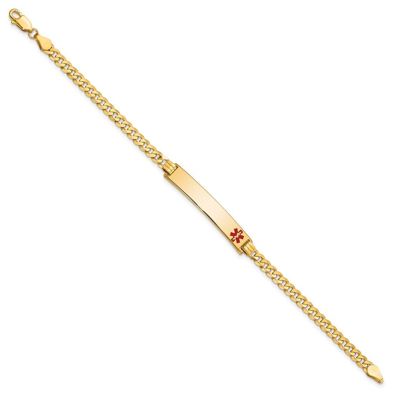 Solid 14K Yellow Gold Medical Red Enamel Flat Curb Link ID Bracelet