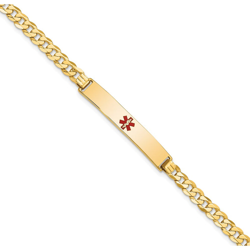 Solid 14K Yellow Gold Medical Red Enamel Flat Curb Link ID Bracelet