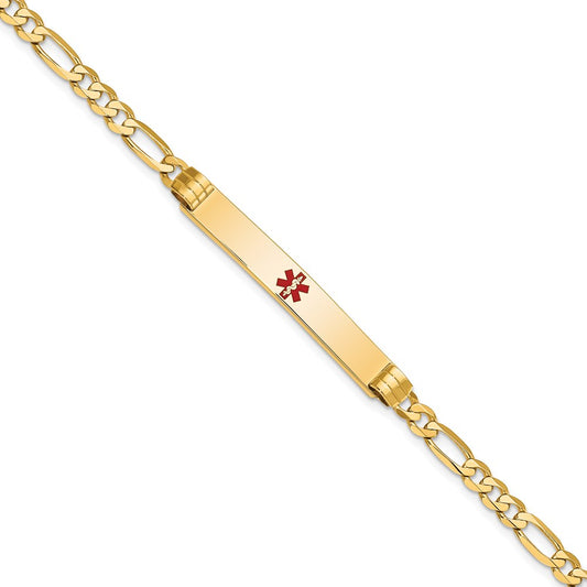 Solid 14K Yellow Gold Medical Red Enamel Figaro ID Bracelet