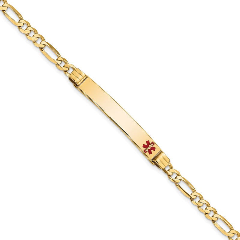 Solid 14K Yellow Gold Medical Red Enamel Figaro ID Bracelet