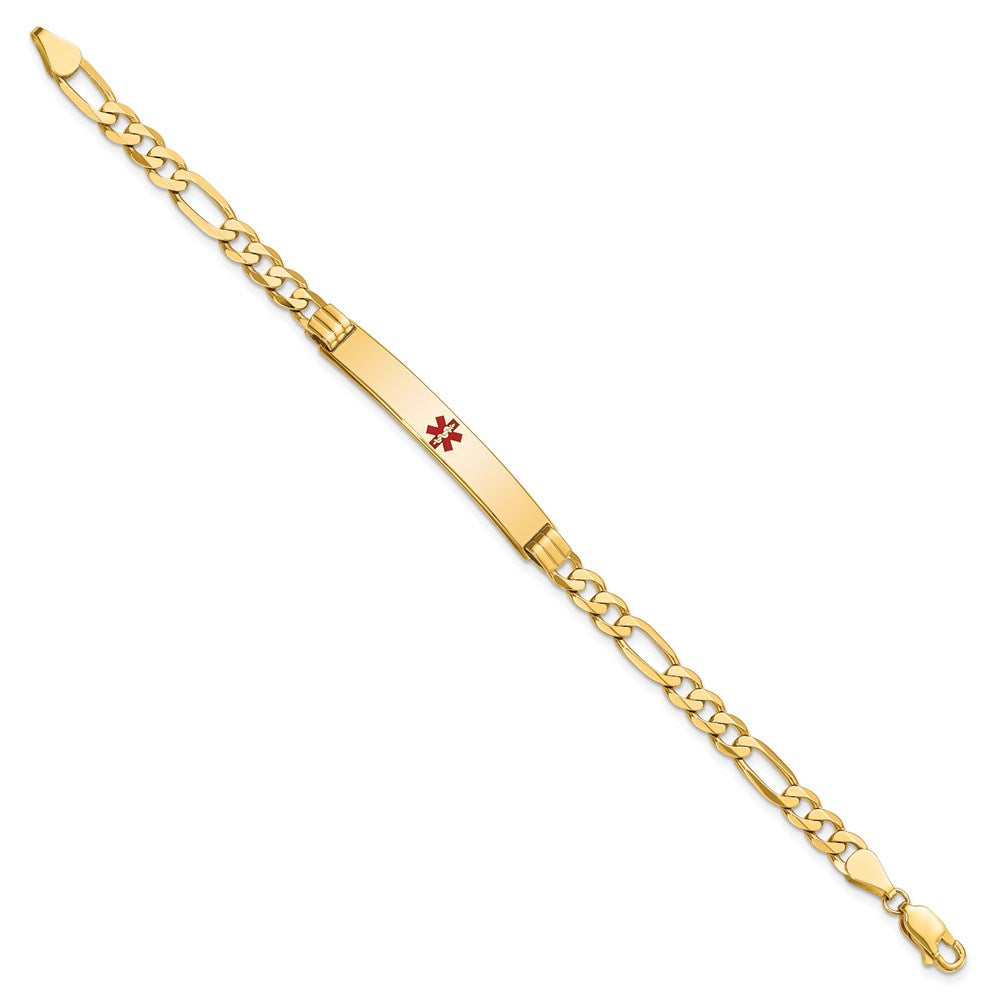 Solid 14K Yellow Gold Medical Red Enamel Flat Figaro Link ID Bracelet