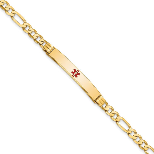 Solid 14K Yellow Gold Medical Red Enamel Flat Figaro Link ID Bracelet
