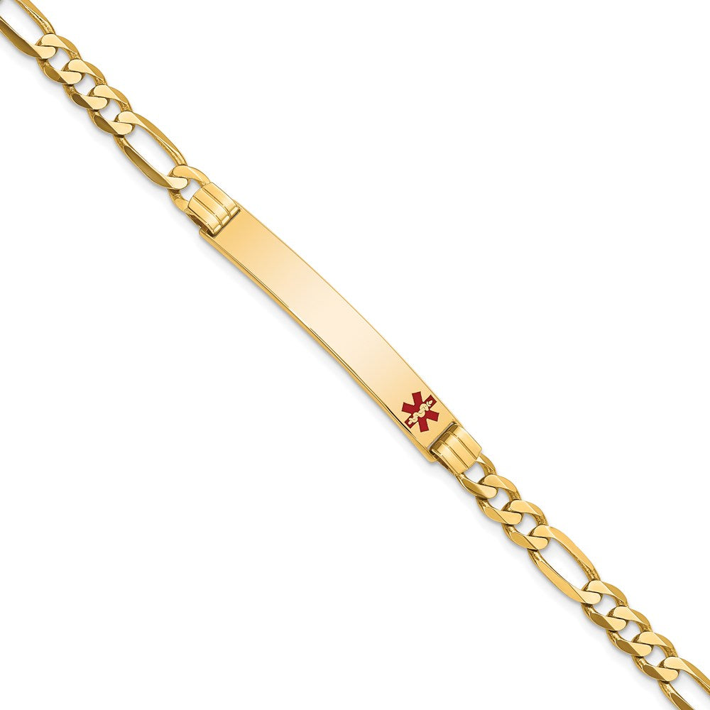 Solid 14K Yellow Gold Medical Red Enamel Flat Figaro Link ID Bracelet